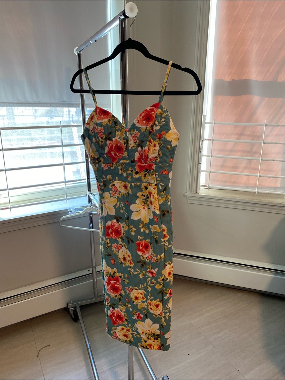 love J Teal Midi Dress with Red & Yellow Floral Print
